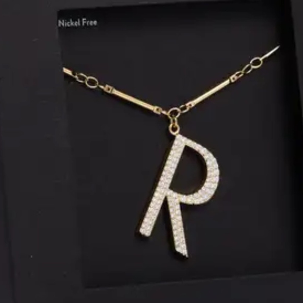 Nordstrom Cubic Zirconia "R" Initial GOLD PAPERCLIP CHAIN Pendant Necklace NIB
